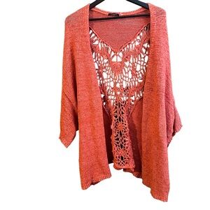 Dex Coral Pink Orange Crochet Cardigan Sweater Relaxed Fit Boho Coastal Sz 3X